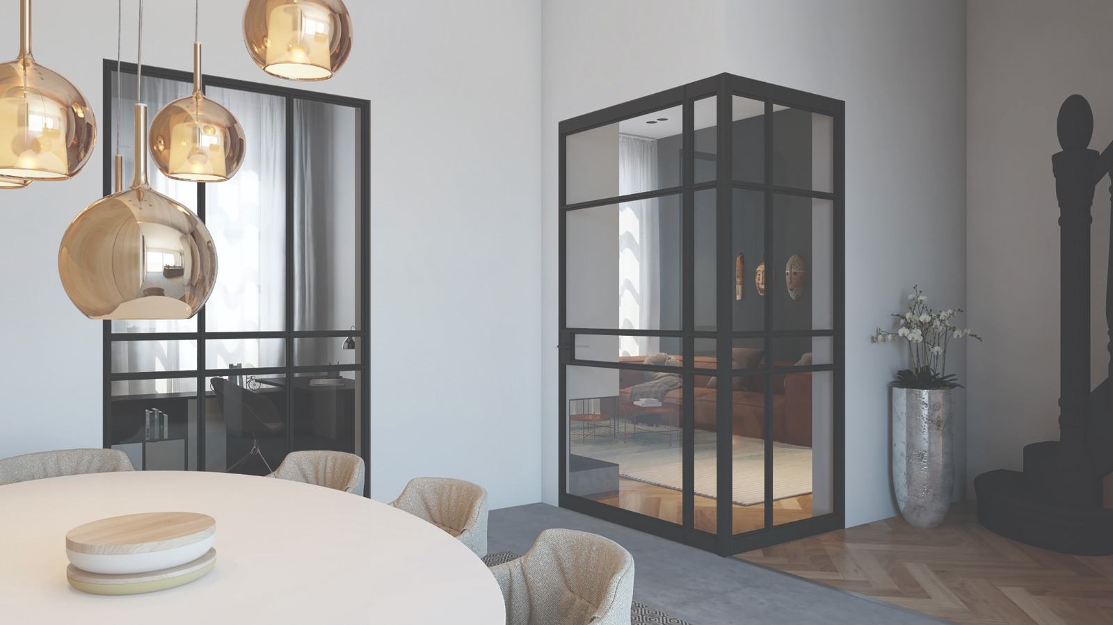 Slim-frame aluminium internal glazed partition in a contemporary dining space