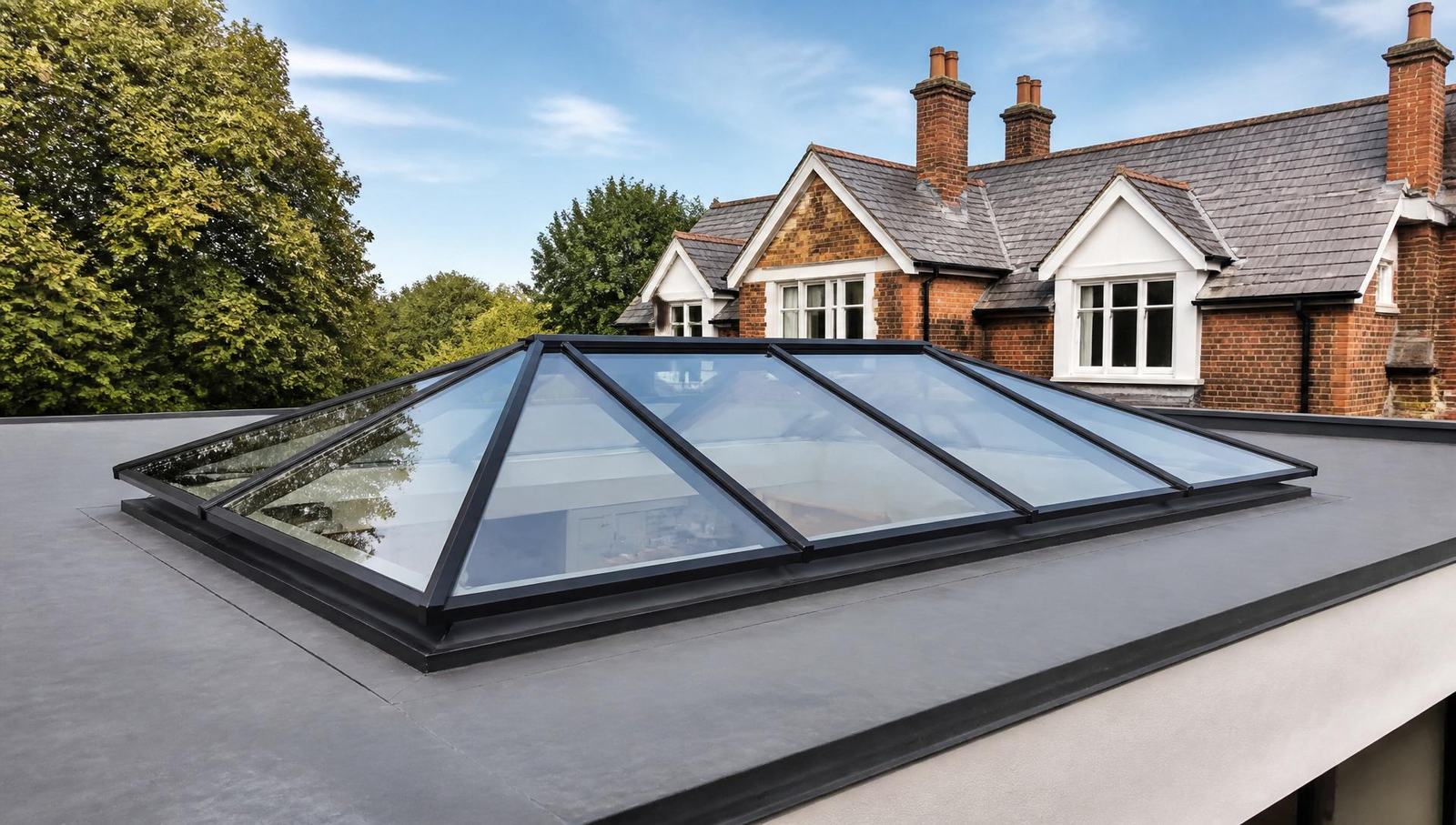 Large aluminium roof lantern with slim black frames on a flat roof extension of a UK period home
