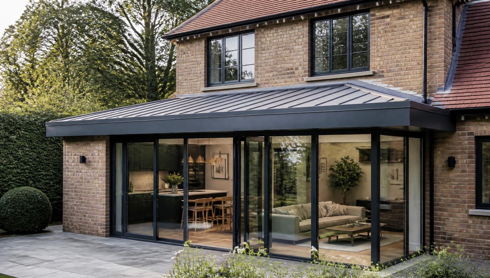 Modern warm roof extension with standing seam finish and aluminium bi-fold doors on a Kent home